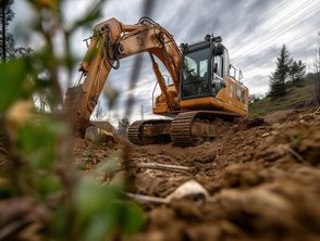 Baugeräte – Bagger im Einsatz Bagger beim Erdbewegungseinsatz mit präziser Hydrauliksteuerung