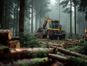 Forst – Harvester mit Greifer Forst-Harvester im Wald, Greifer/Kranarm bei der Holzernte