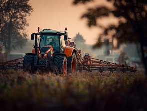 Landtechnik – Traktor mit Anbaugerät Traktor mit hydraulischem Anbaugerät auf dem Feld, robuste Steuerung